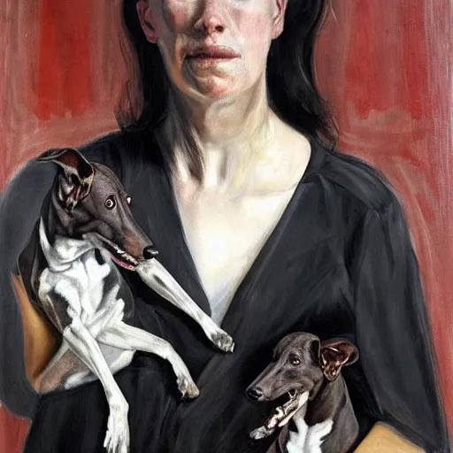 Prompt: woman with black greyhound, by jenny saville. dark atmosphere