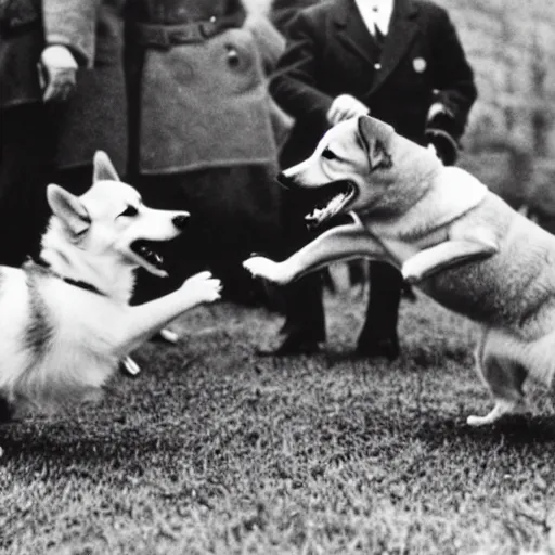 Image similar to historical photo of queen elizabeth and her corgis defeating hitler in battle, natural sunlight, sharp focus, highly detailed, depth of field