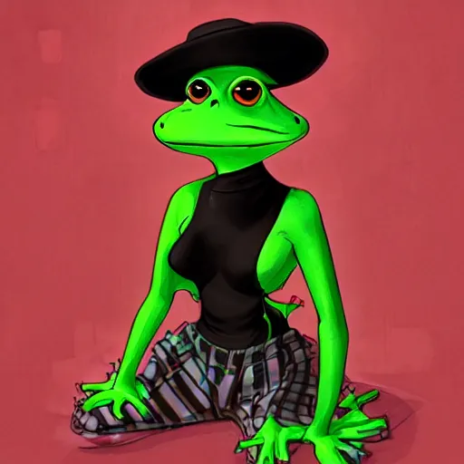 Image similar to Beautiful portrait digital painting, oil painting, anthro anthropomorphic frog androgynous , at a lake anarchist anarcho-punk Punk Punk outfit. furaffinity, artstation