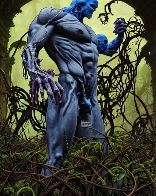 Prompt: the platonic ideal of flowers, rotting, moss, insects, vines and praying of cletus kasady ultimate carnage thanos dementor doctor manhattan chtulu nazgul davinci, detailed, intricate, hyperrealism, cinematic composition, intense, scary, decay, dmt, art by brock hofer and artgerm and greg rutkowski and alphonse mucha