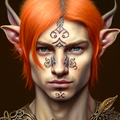 Image similar to portrait painting of an elven male teen with a soft expression and short light orange hair and tribal tattoos on his face wearing fur armor, ultra realistic, concept art, intricate details, eerie, highly detailed, photorealistic, octane render, 8 k, unreal engine. art by artgerm and greg rutkowski and charlie bowater and magali villeneuve and alphonse mucha
