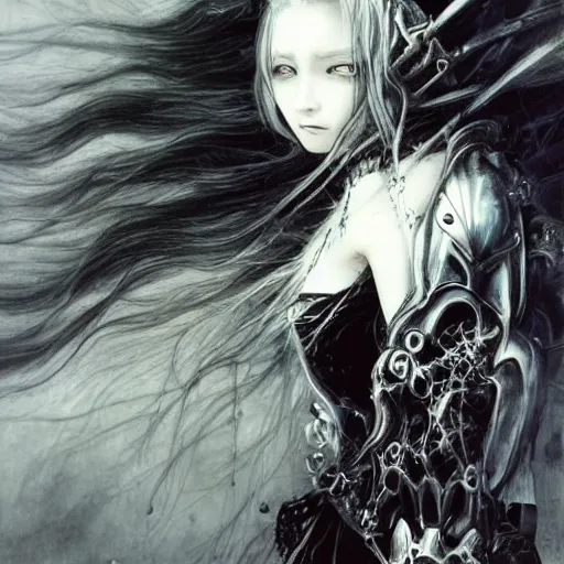 Image similar to Yoshitaka Amano realistic illustration of an anime girl with wavy white hair and cracks on her face wearing dark souls armour with the cape fluttering in the wind, abstract black and white patterns on the background, noisy film grain effect, highly detailed, Renaissance oil painting, weird portrait angle