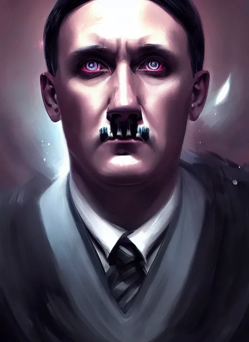 Image similar to « a portrait of cyberpunk adolf hitler, glowing eyes, a digital painting by charlie bowater, featured on cgsociety, fantasy art, behance hd, wiccan, artstation hd »