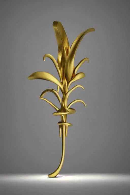 Image similar to 3 d render by daniel arsham of a long melting solid gold lilly with long stem