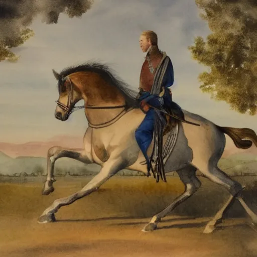 Prompt: watercolor painting of swedish king, riding a horse during sunset, by lars lerin, high detail