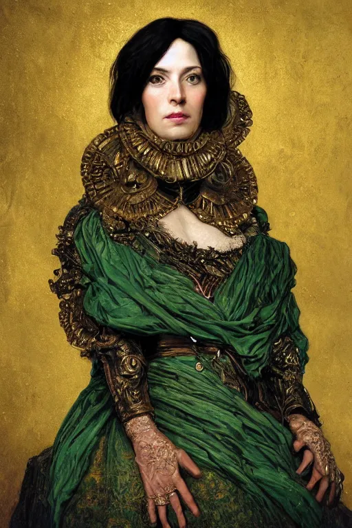 Prompt: portrait, headshot, digital painting, of a 17th century, beautiful, middle aged, middle eastern, wrinkles, decadent, cyborg noble woman, dark hair, amber jewels, baroque, ornate dark green opulent clothing, scifi, futuristic, realistic, hyperdetailed, concept art, chiaroscuro, side lighting, art by gustav klimt