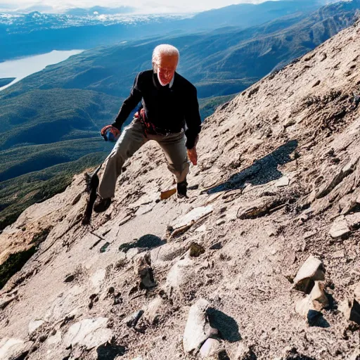 Image similar to joe biden climbing a mountain, adventure photography