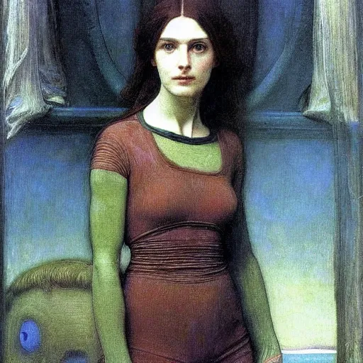 Image similar to portrait of hostile alien visitor, pre-raphaelite painting by john william waterhouse