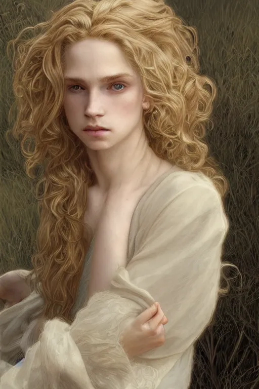 Prompt: beautiful cottagecore pale blond androgynous young man Lucius , long fluffy curly blond hair, pale skin, innocent, intricate, elegant, highly detailed, digital painting, artstation, concept art, smooth, sharp focus, illustration, art by artgerm and greg rutkowski and alphonse mucha