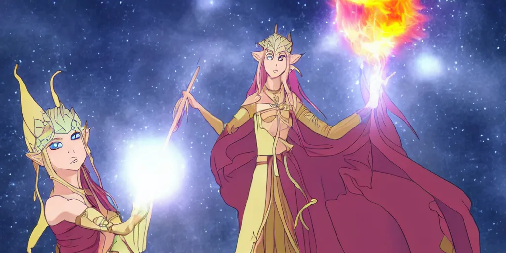 Prompt: a beautiful elven princess casting a fireball anime style