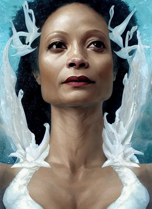 Prompt: dramatic upper body portrait of Thandie Newton as a dark-skinned la sirene Haitian mermaid goddess by Ruan Jia and Mandy Jurgens and Artgerm and william-adolphe bouguereau, underwater, white sheer fabric, white lilies, shells, mirrors, marvel comics, intricate, highly detailed, smooth, artstation, digital illustration by julie bell and Ruan Jia and Mandy Jurgens and Artgerm and William Adolphe Bouguereau and John Collier and Greg Rutkowski and Frank Frazetta