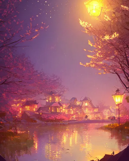 Image similar to a magical vintage village on the river | cherry - blossoms | highly detailed | very intricate | serene romantic fantasy whimsical magical | professional cinematic lighting | bokeh | dusk | studio ghibli | award - winning | matte painting by anton fadeev and paul lehr and rhads and alena aenami | pastel color palette | featured on artstation
