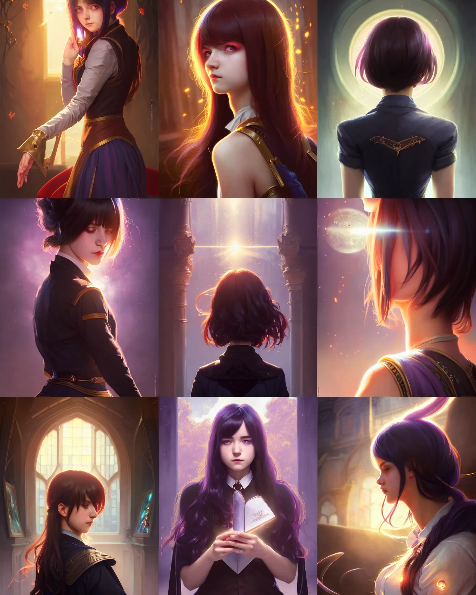 Prompt: back - portrait of a university student young female, magic uniform university, dark - colored hair, short hair, fantasy building, intricate, sharp focus, lens flare, bloom, rim light, illustration, highly detailed, digital painting, concept art, matte, art by wlop and artgerm and greg rutkowski and alphonse mucha, masterpiece
