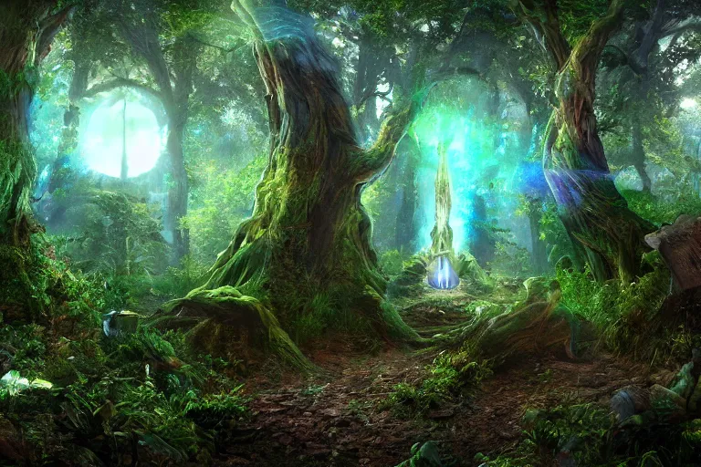 Image similar to A cosmic portal in a fantasy enchanted forest. Cinematic lighting. Photorealism.