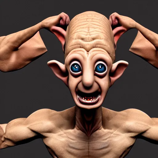 Image similar to 3d rendering of Dobby the House Elf as a screaming body builder, hd 4k