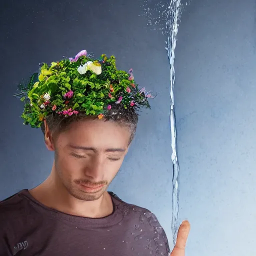 Image similar to man pouring water on head, flowers are in a pot on his head, the pot is part of his head, high detail, 8K digital art