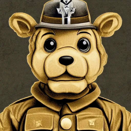 Image similar to golden freddy as a soldier in world war two, trenches, film grain