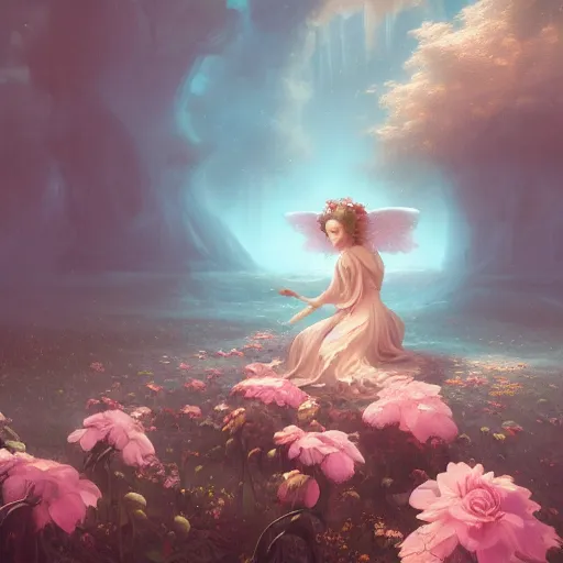 Prompt: a romantic scene of a young angel girl in love, flowers, 3 d render, hyper realistic, digital painting, fantasy art, beeple, peter mohrbacher, thomas kinkade