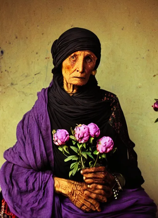 Prompt: portrait of a old woman, tuareg, nomads, vultures, dark background, purple colour scheme, many peonies, flower buds, birds, full length, masterpiece, dark background, art by caravaggio, alphonse mucha, giger, guyver, cinestill, moviestill, bokeh, artstation