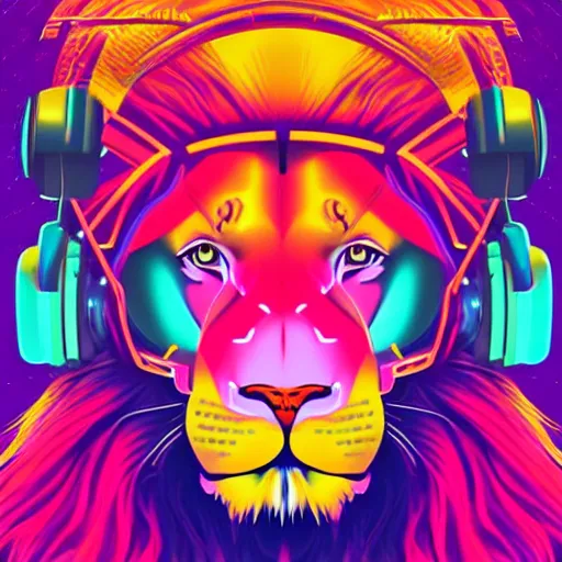 Image similar to A portrait of lion wearing a futuristic helmet in the style of synthwave