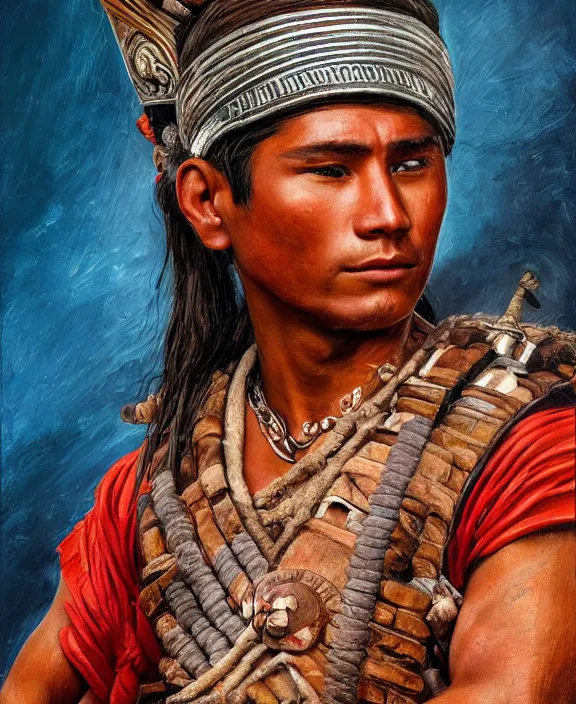 Image similar to portrait of a handsome young mayan warrior in yucatan, art by denys tsiperko and franz xaver kosler and bogdan rezunenko, hyperrealism