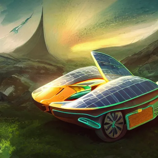 Image similar to solarpunk hovercar, clean energy, green technology, batoidea shape, scifi, sunny day, futurism, intricate, engines, autonomous, highly detailed, peaceful, utopia, bright, digital painting, advanced, artstation, concept art, smooth, sharp focus, epic landscape, art by akihiko yoshida and tim mcburnie and anato finnstark