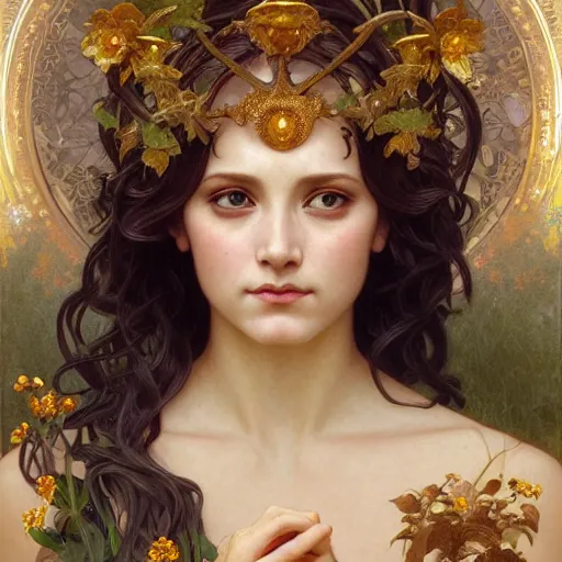 Image similar to portrait of gaea goddess with thin gold tendrils, intricate, elegant, highly detailed, digital painting, artstation, concept art, smooth, sharp focus, illustration, art by artgerm and greg rutkowski and alphonse mucha and william - adolphe bouguereau