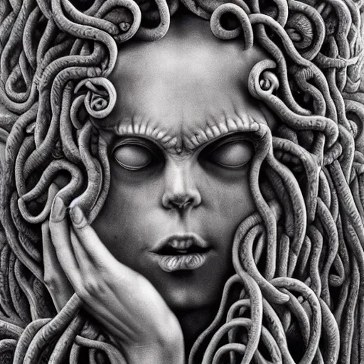 Prompt: very sad medusa, crying, tubular creature, blood vesels, no face, dystopian surrealism, art style botticelli alex ries giger zdzisław beksinski, symmetry accurate features, very intricate details, high resolution, 4 k