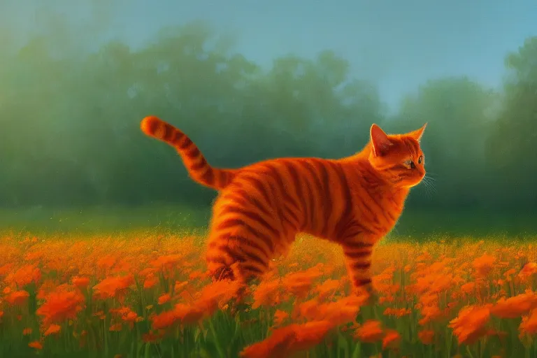 Prompt: a painting of an ultra realistic highly detailed orange cat standing in a field of flowers by craig mullins, golden hour, trending on artstation, color field, concept art, artstation hd, matte drawing