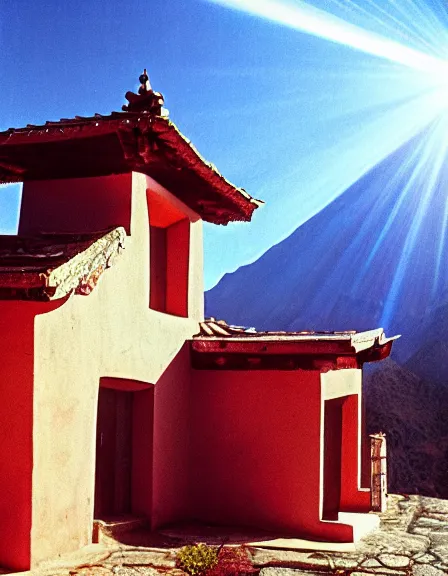 Image similar to vintage color photo of light rays shinning through a temple in Cordillera De Los Andes, 8k definition