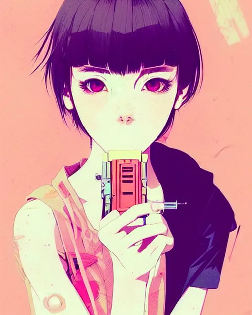 Image similar to girl holding flashbang, detailed manga illustration!! intricate details, beautiful perfect face, perfect body, aesthetically pleasing pastel colors, poster background, aesthetic details, art by conrad roset and ilya kuvshinov