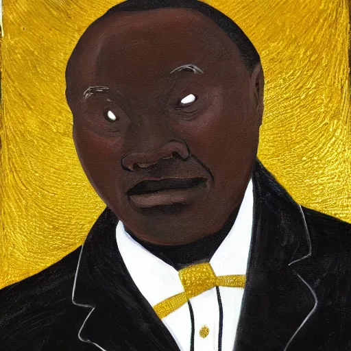 Image similar to a painting of a loving, caring fatherly wide forehead, aquiline nose, round face, XXL , generous, ever-present, humble, wise elder from Kenya in a silver suit and red tie by Kara Walker . Fatherly/daddy, focused, loving, leader, relaxed. Gold background, heavenly lights, details, smooth, sharp focus, illustration, realistic, cinematic, artstation, award winning, rgb , unreal engine, octane render, cinematic light, macro, depth of field, blur, light and clouds, highly detailed epic cinematic concept art CG render made in Maya, Blender and Photoshop, octane render, excellent composition, dynamic dramatic cinematic lighting, aesthetic, very inspirational, arthouse.