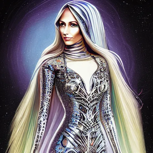 Image similar to a beautiful arabian woman wearing a futuristic dress by alexander mcqueen, artgerm, alex gray, android jones, fashion show, futuristic, organic dress, seamless pattern, concept art, fantasy