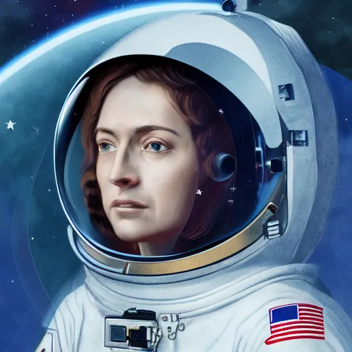 Prompt: Joan of Arc as an astronaut. Dramatic. High resolution. Highly detailed. Art station. 8k
