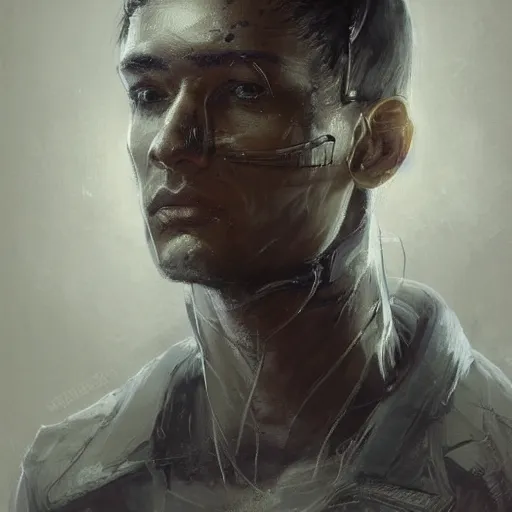 Image similar to Portrait of a man by Greg Rutkowski, cyborg, he is about 30 years old, indian, cybernetic eyes implants, messy long black hair, slim and tall, he is wearing utilitarian beige black jumpsuit, highly detailed portrait, digital painting, artstation, concept art, smooth, sharp foccus ilustration, Artstation HQ.