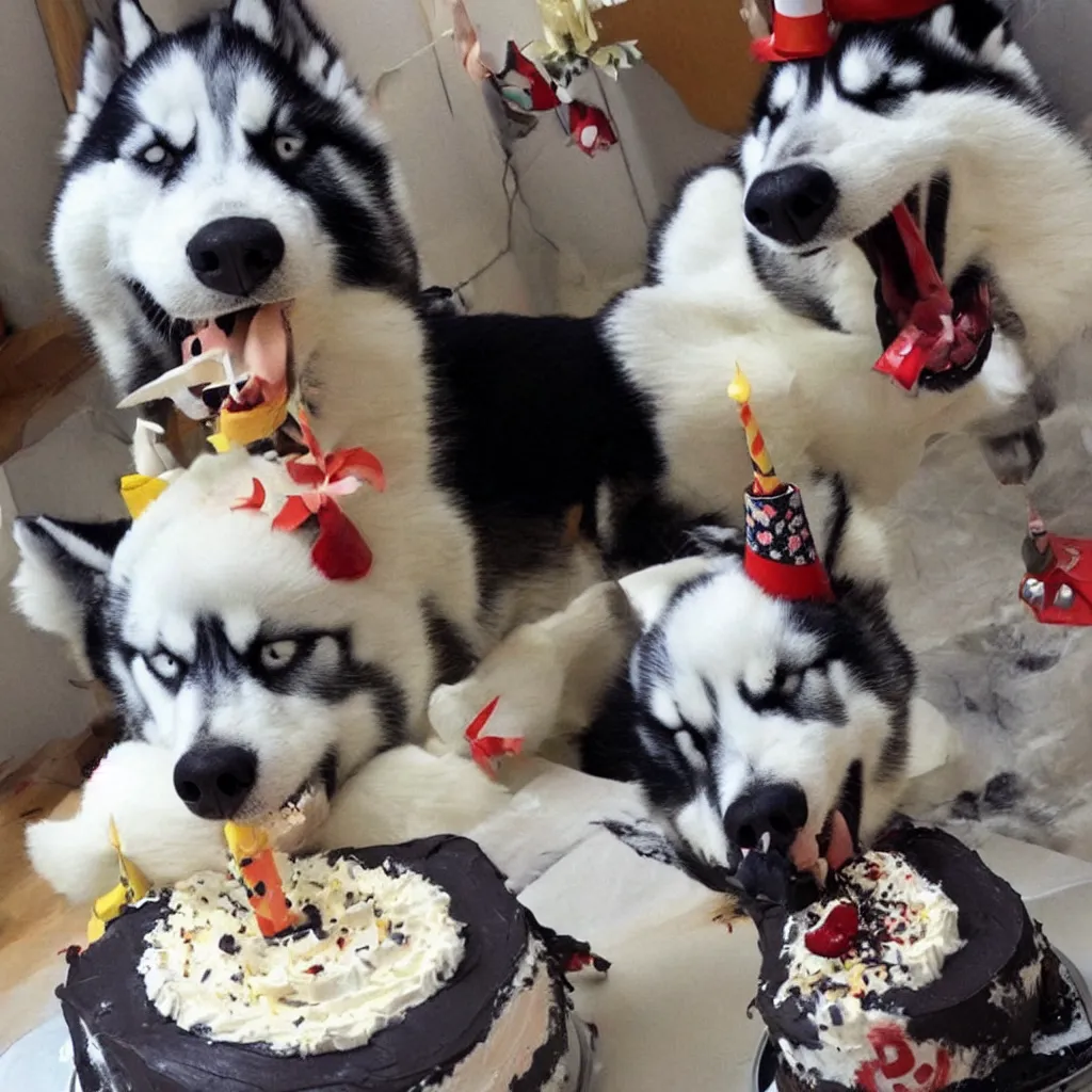 Prompt: a siberian husky eating a birthday cake