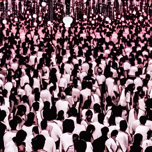 Image similar to night club, five red chinese lanterns, people's silhouettes close up, wearing white t - shirts that glow in the dark, minimalism, dark