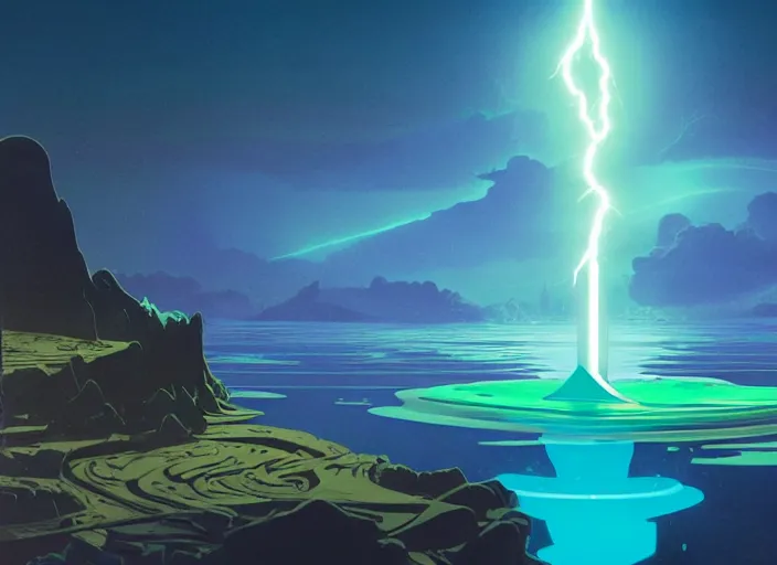 Image similar to a luminescent lightning sword in a lake by paolo eleuteri serpieri and tomer hanuka and chesley bonestell and daniel merriam and tomokazu matsuyama, unreal engine, high resolution render, featured on artstation, octane, 8 k, highly intricate details, vivid colors, vector illustration