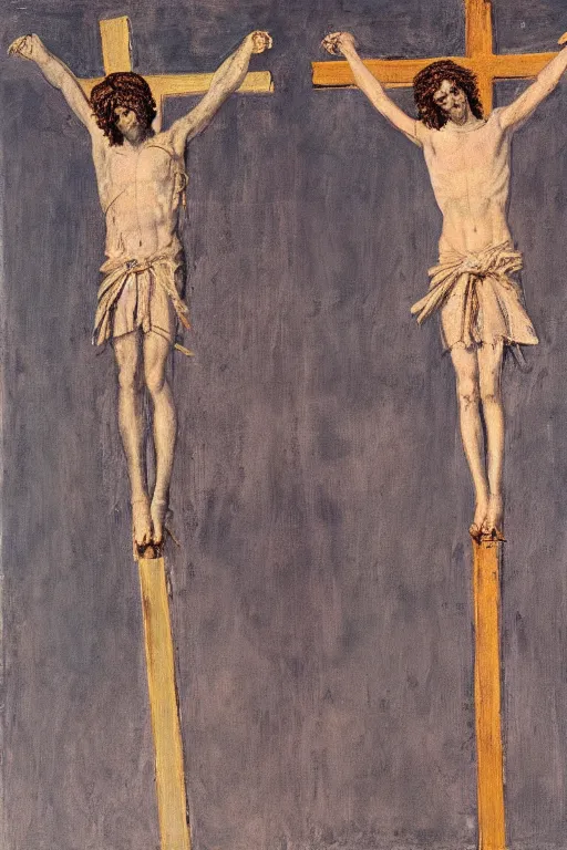 Image similar to jesus christ crucified painted by cy twombly and andy warhol