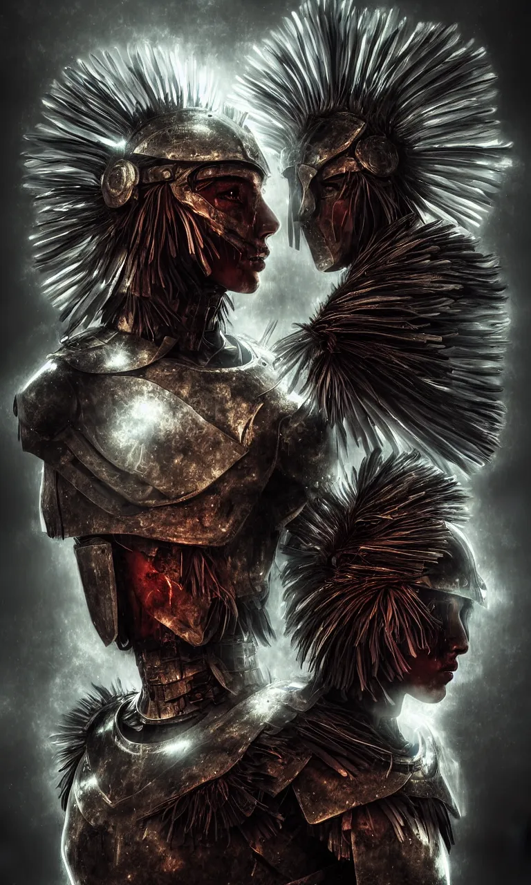 Prompt: an astonishing warrior wearing an armor made of feathers, strange energy emitting through body, scars on face, volumetric lighting, scary eyes, digital art,