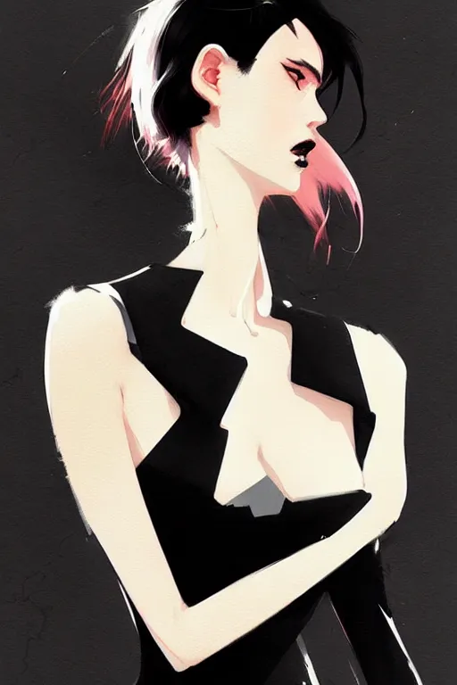 Image similar to a ultradetailed beautiful panting of a stylish woman wearing a black dress, by conrad roset, greg rutkowski and makoto shinkai, trending on artstation