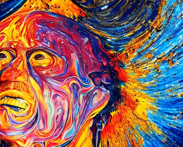 Image similar to still shot close up footage of the portrait of a human head explodes and disintegrates into acrylic pour and splashing paint, motion blur, hyperrealistic, medical, intricate art photography, anatomically correct, realistic crisp textures, 1 6 k