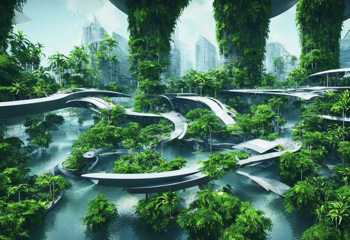 Image similar to futuristic architecture by norman foster, multi storey, connecting bridges, covered in lush foliage, surreal, ethereal bohemian garden, middle of gardens, cinematic shot, central square water feature, building inside the water, unreal engine, photorealistic, octane render