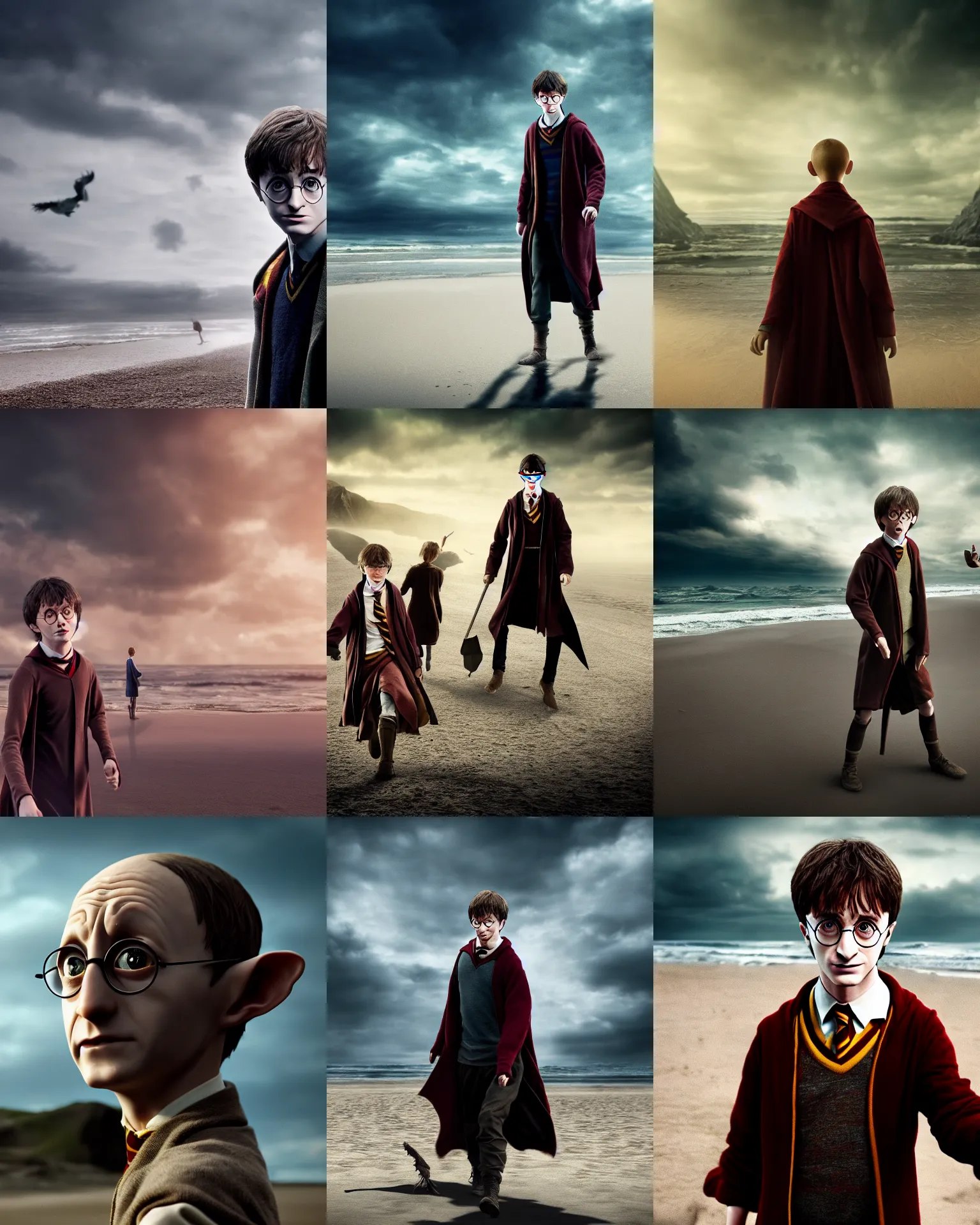 Prompt: a dramatic photograph of harry potter!! but as dobby on beach, cinematic, octane render, deviantart, 4 k