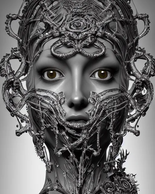 Image similar to mythical dreamy black and white organic bio-mechanical spinal ribbed profile face portrait detail of translucent steampunk beautiful female angelic-human-queen-vegetal-cyborg, highly detailed, intricate crystal ivy jelly ornate, poetic, translucent roses ornate, 3D render, digital art, octane render, 8K artistic photography, photo-realistic, by Dora Maar