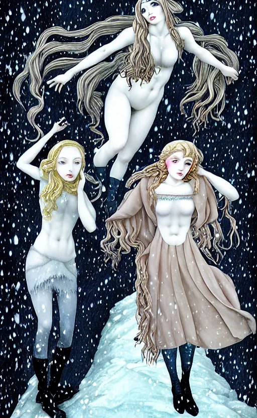 Image similar to allegory of Winter, as 3 figures, (Representing the 3 months of December, January, and February), in a mixed style of Botticelli and Æon Flux, inspired by pre-raphaelite paintings, shoujo manga, and Harajuku street fashion, sparse frozen landscape, dark and moody colors, hyper detailed, super fine inking lines, dramatic lighting, 4K photorealistic