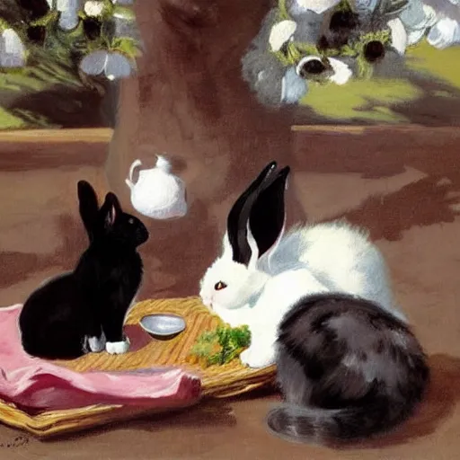 Prompt: a cat with black fur having a picnic with a (bunny), the bunny has pink fur, the cat is drinking tea, highly detailed, painted by John Singer Sargent