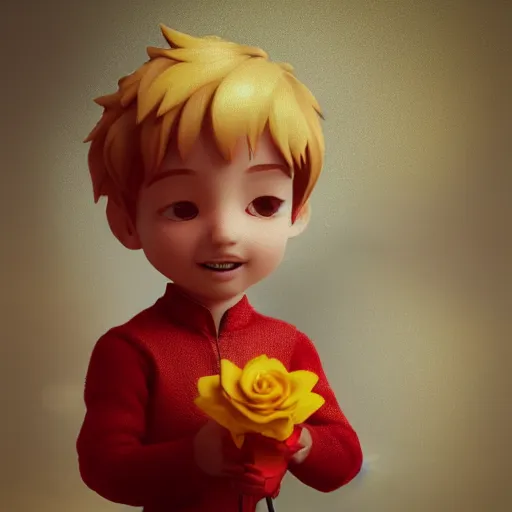 Image similar to the little prince holding a red rose illustration, bokeh, octane render, award winning, trending on art station