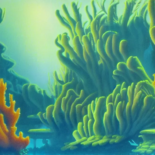 Prompt: underwater verdant coral wonderland, matte painting from Fantasia (1940)