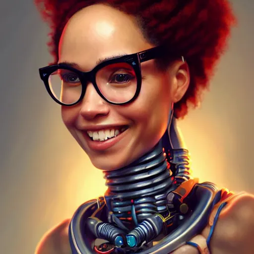Prompt: an insanely detailed portrait of zoe kravitz with straight short red hair and wearing glasses, smiling while repairing a broken robot, in the style of peter mohrbacher, artgerm, dramatic lighting and composition, octane render, trending on artstation, concept art